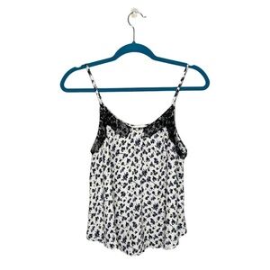 Lush Ditsy Floral Lace Neckline Spaghetti Strap Tank Top